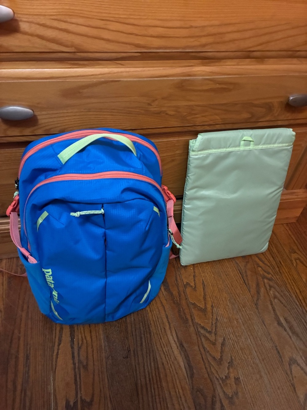 Patagonia Bright Blue Backpack and laptop sleeve